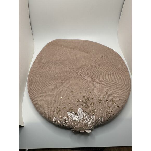 Chic French Beret Beige Rhinestone Embroidered Soft Feminine - Picture 2 of 9